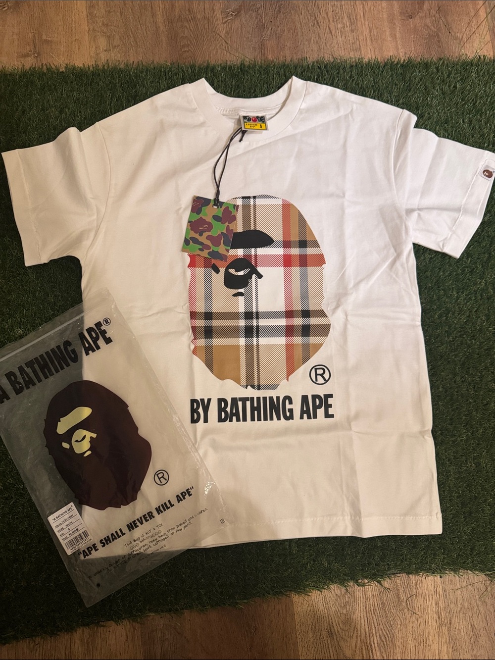 Bape White Tee with Plaid Ape Head Graphic